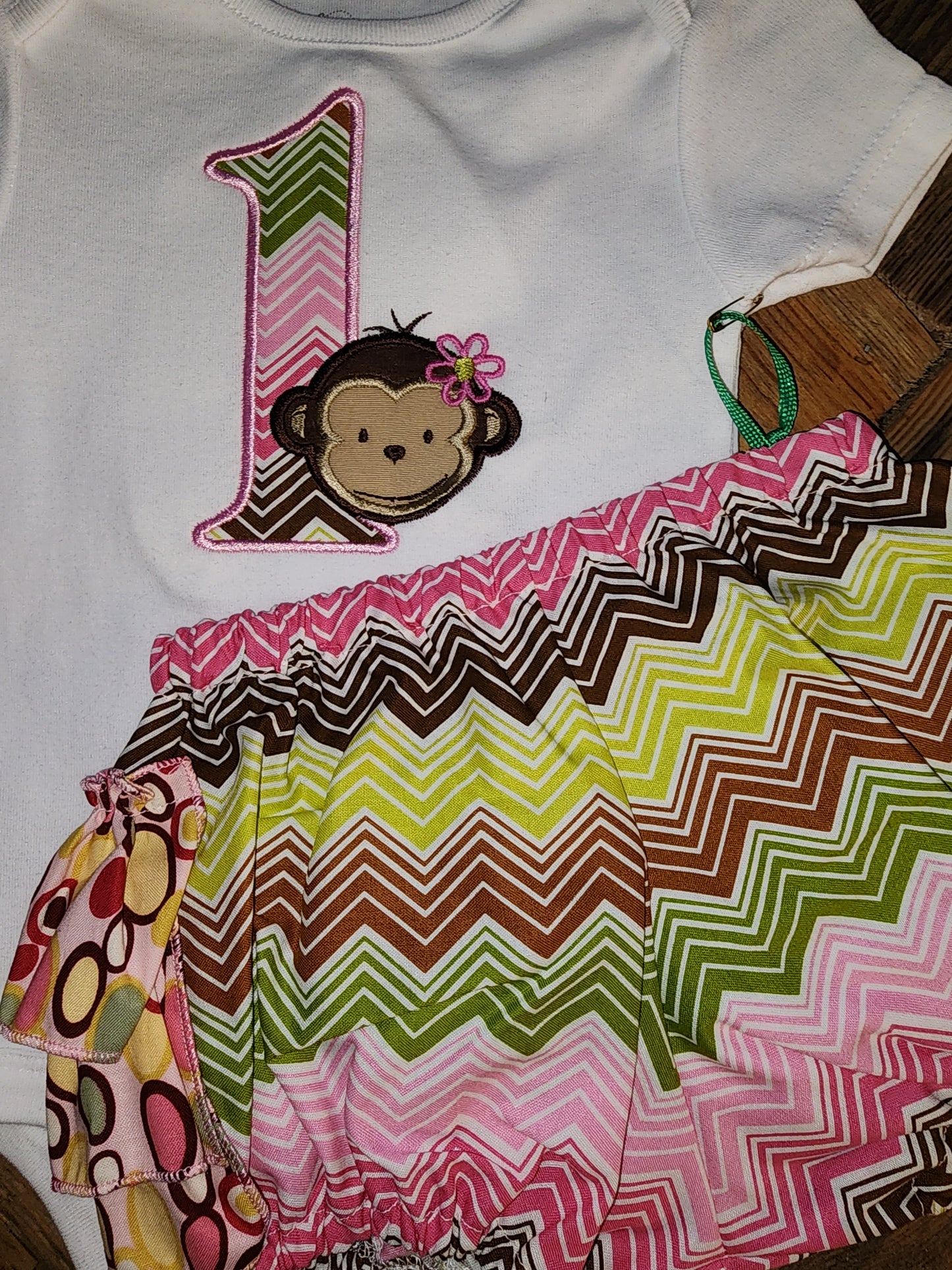 Little Monkey First Birthday size 12m Ruffle Bottpm Set