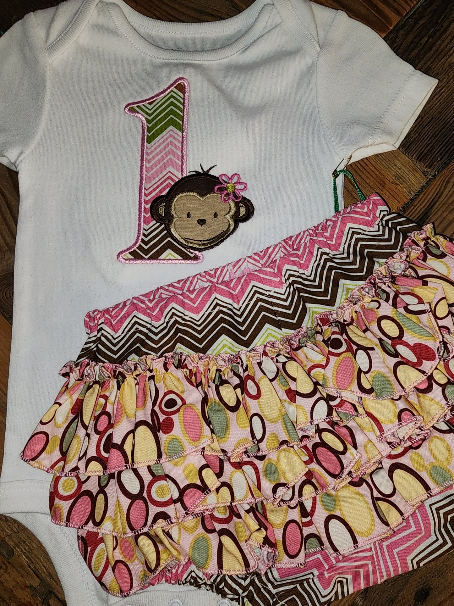 Little Monkey First Birthday size 12m Ruffle Bottpm Set