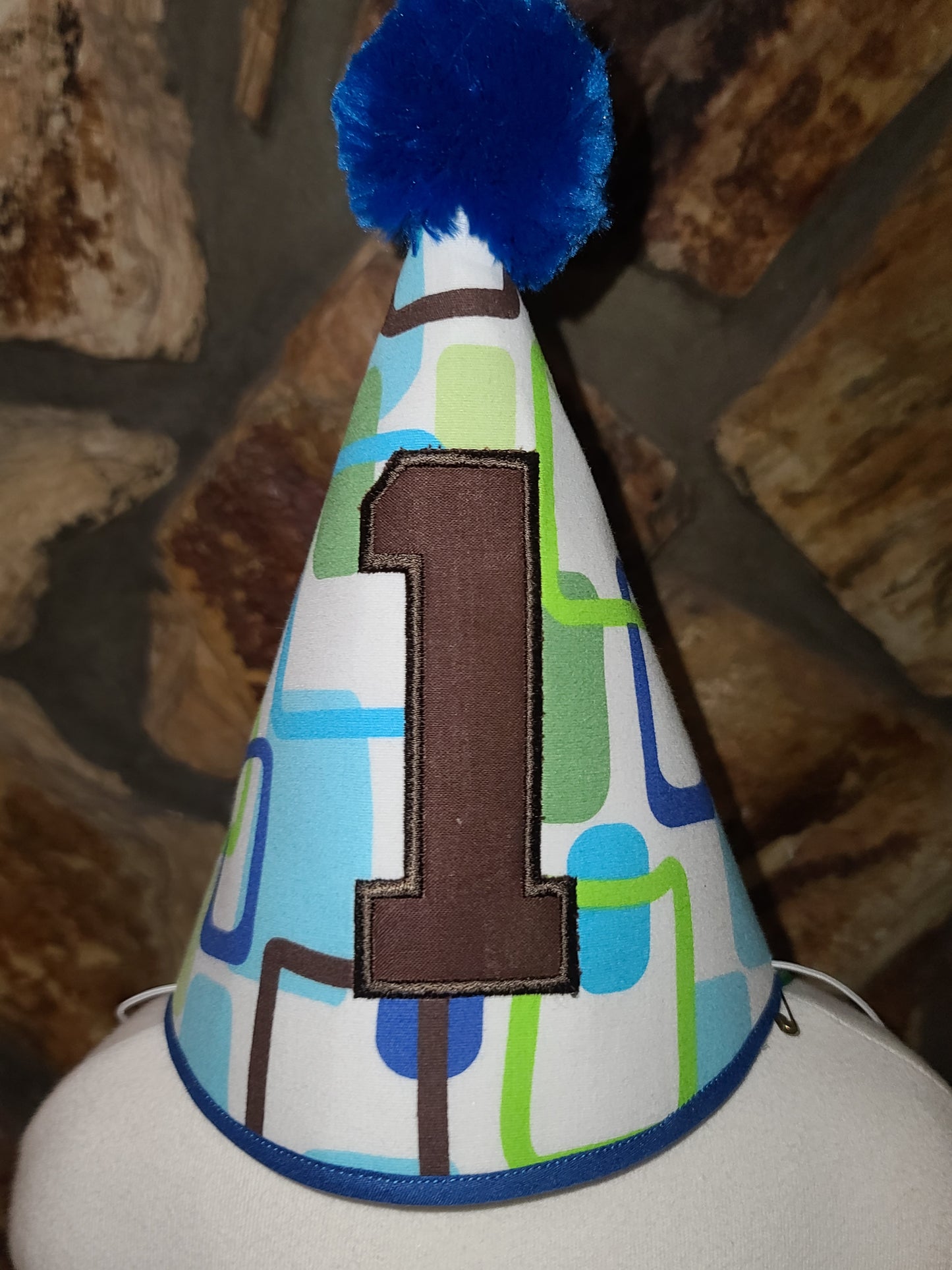 1st Birthday Geometric Themed  Hat Blue, Green, Brown and White Birthday Party Hat Birthday