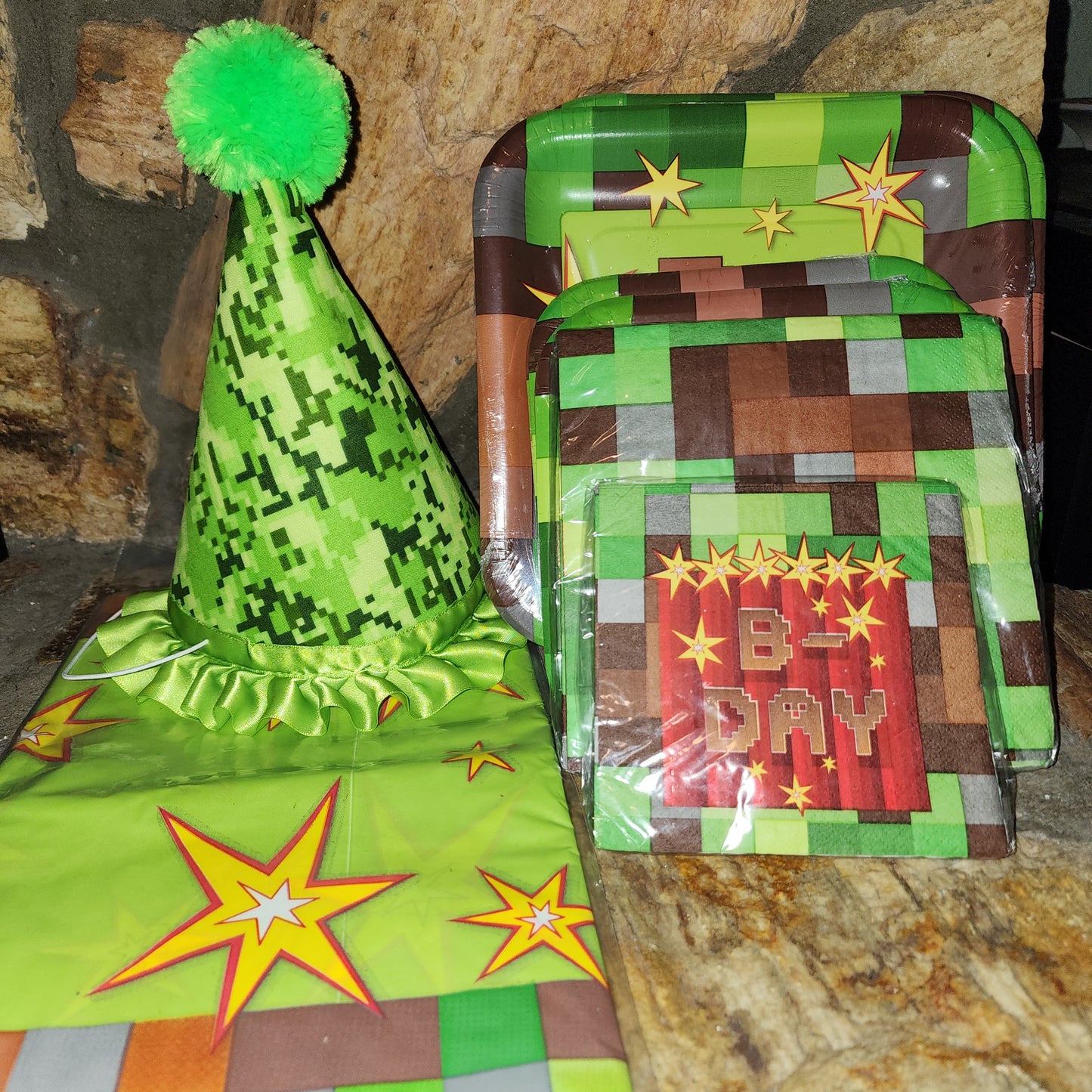 Pixilated  Birthday Hat  Green Digital Camo Birthday Party Hat, Plates, Napkins, and Tablecover Inspired by Minecraft