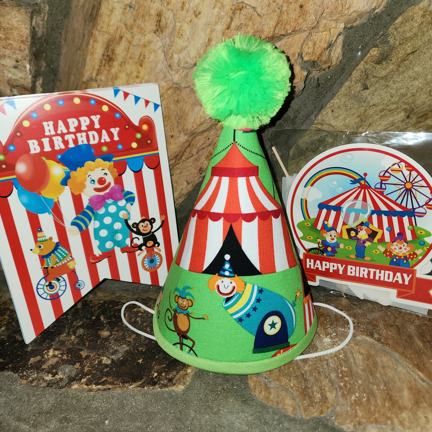 Circus Themed Birthday Hat and Paper Banner and Cake/Cupcake Toppers