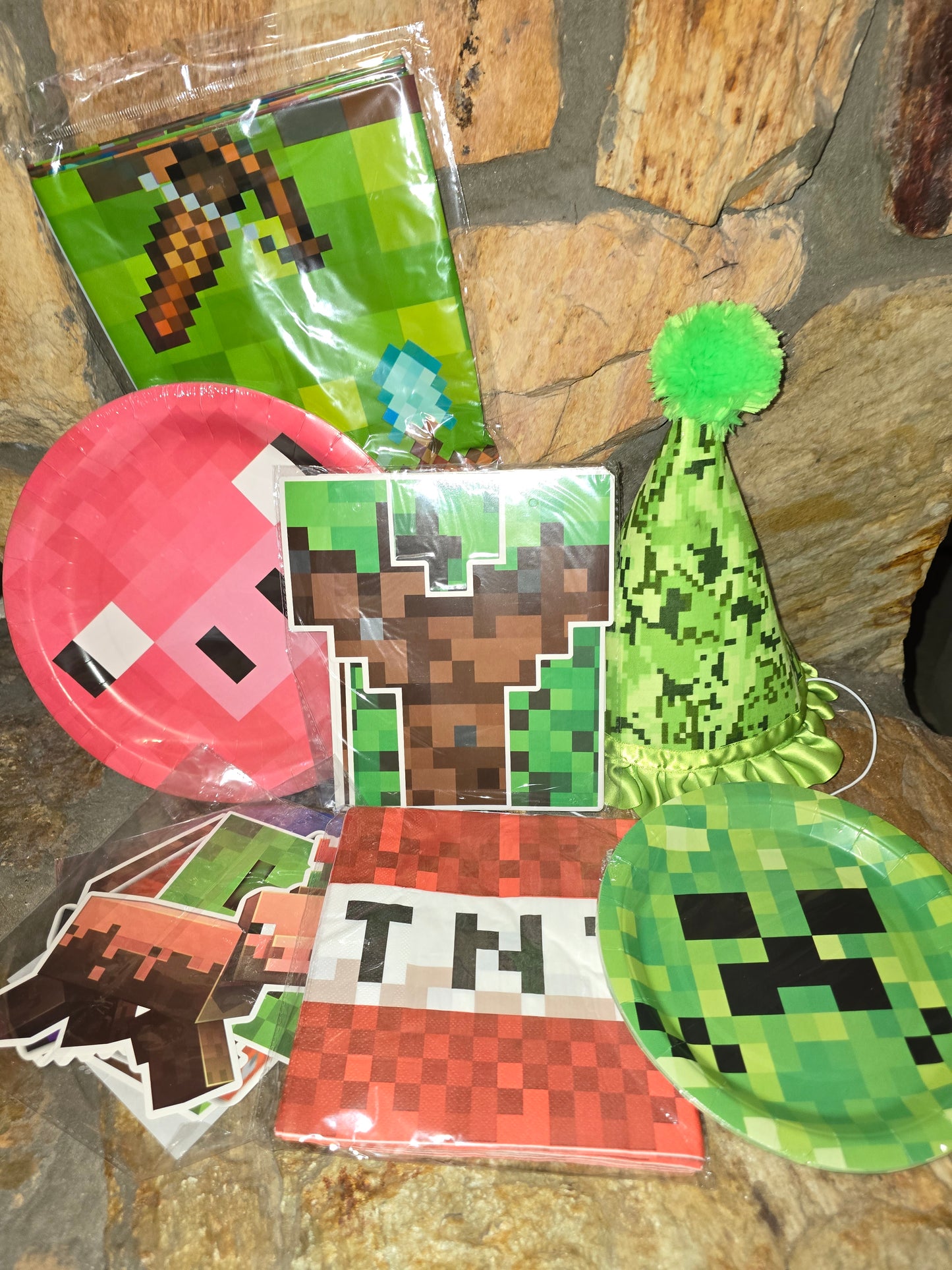 Pixilated  Birthday Hat  Green Digital Camo Birthday Party Hat, Plates, Napkins, and Tablecover Minecraft