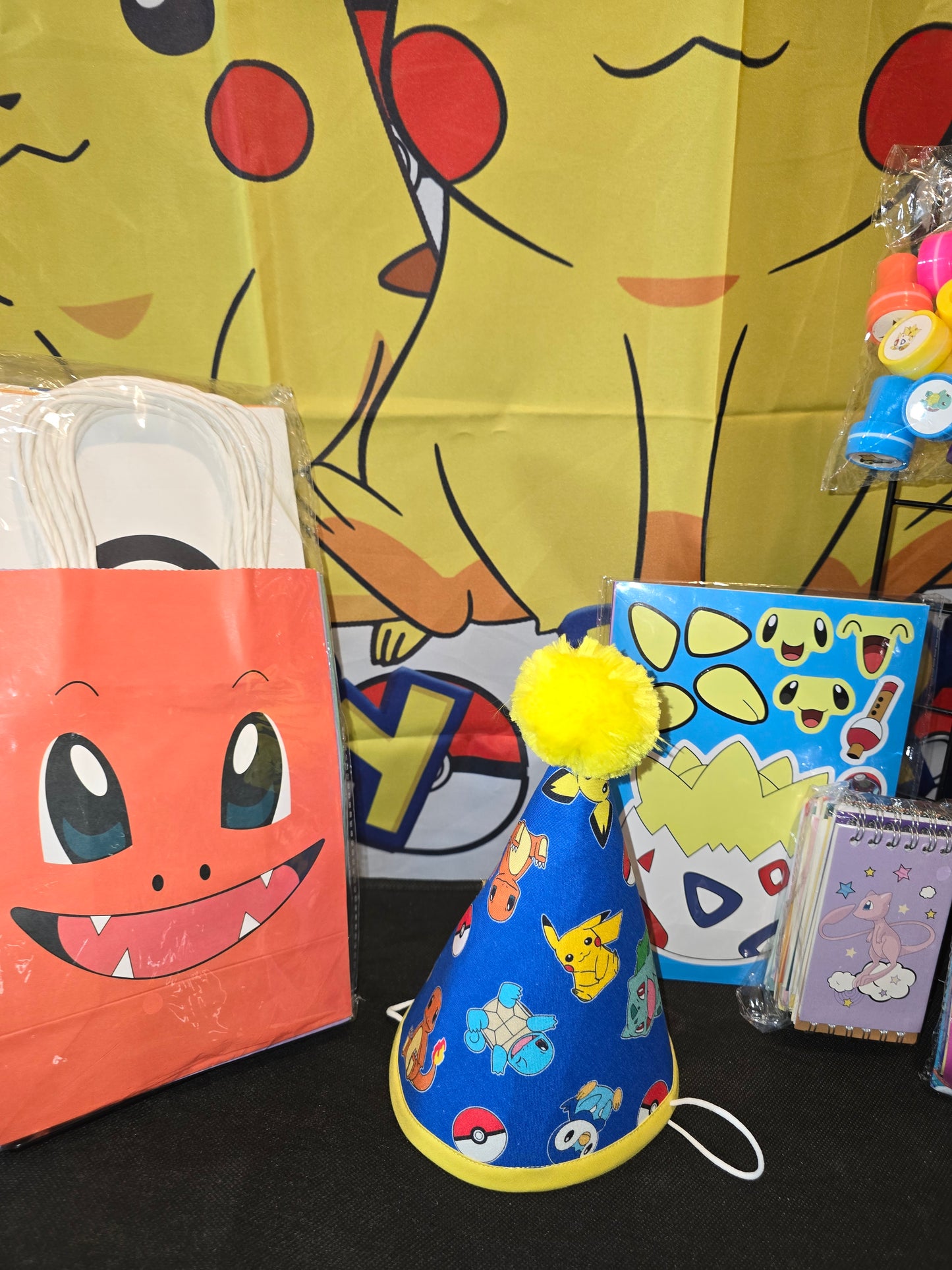 Pokemon Party Hat, Birthday Banner, Party Favors, Stamps, Stickers, Straws and more