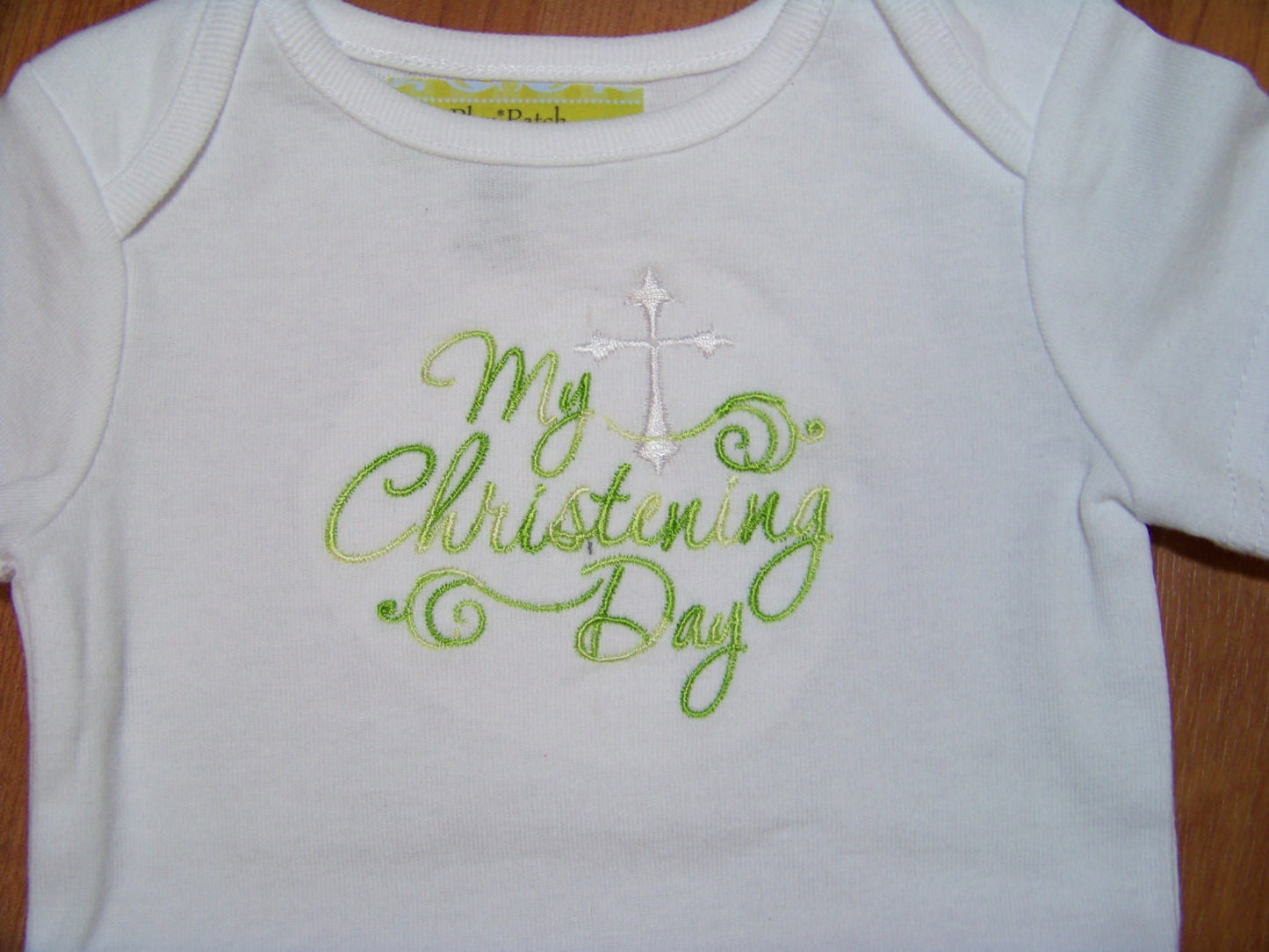 Green Verigated  My Christening Day Bodysuit Personalized with date for to save as a keepsake