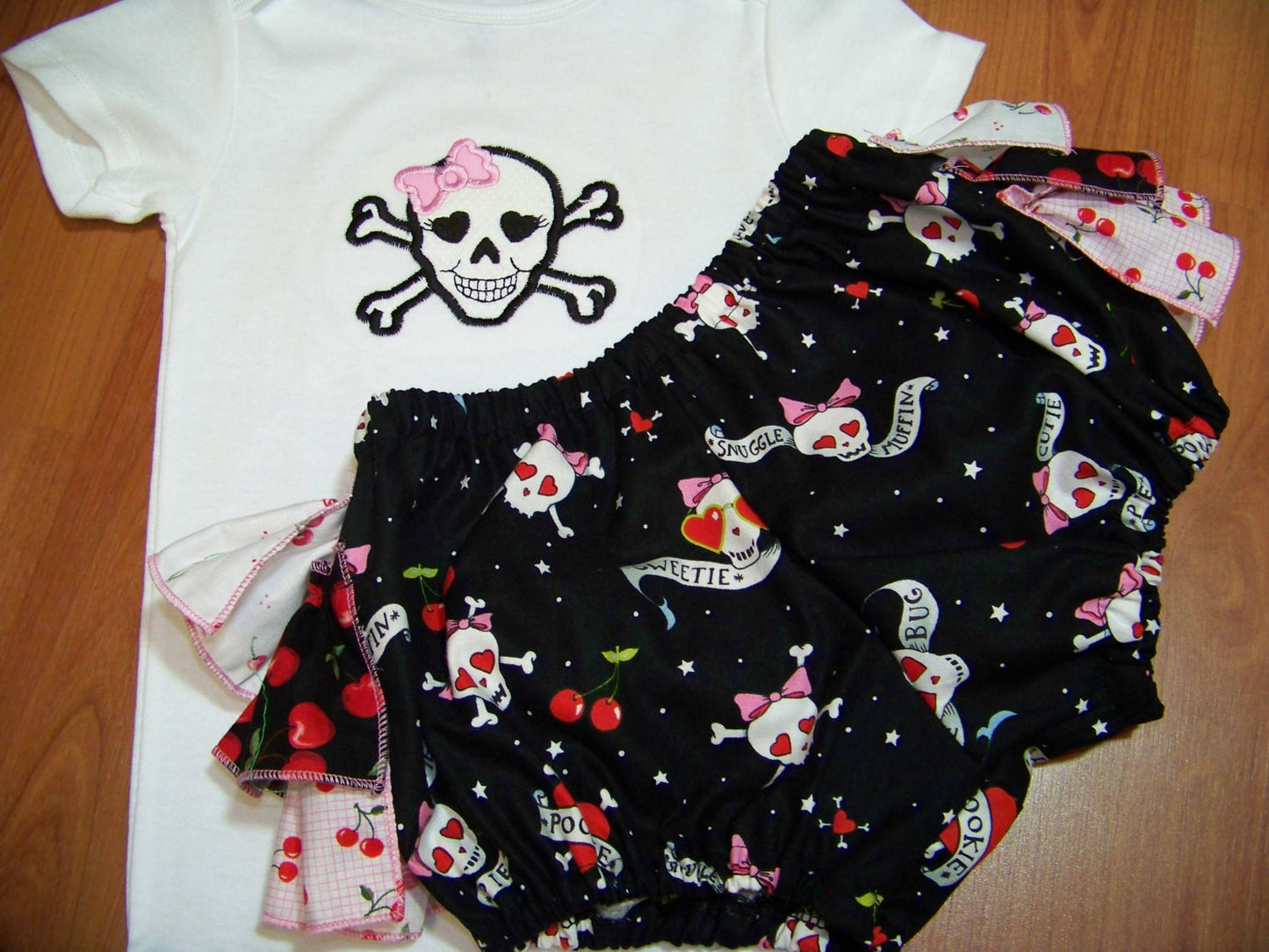 Skull and Crossbone Cherry Time Two Piece Size 24 Months Ruffle Bottom Set